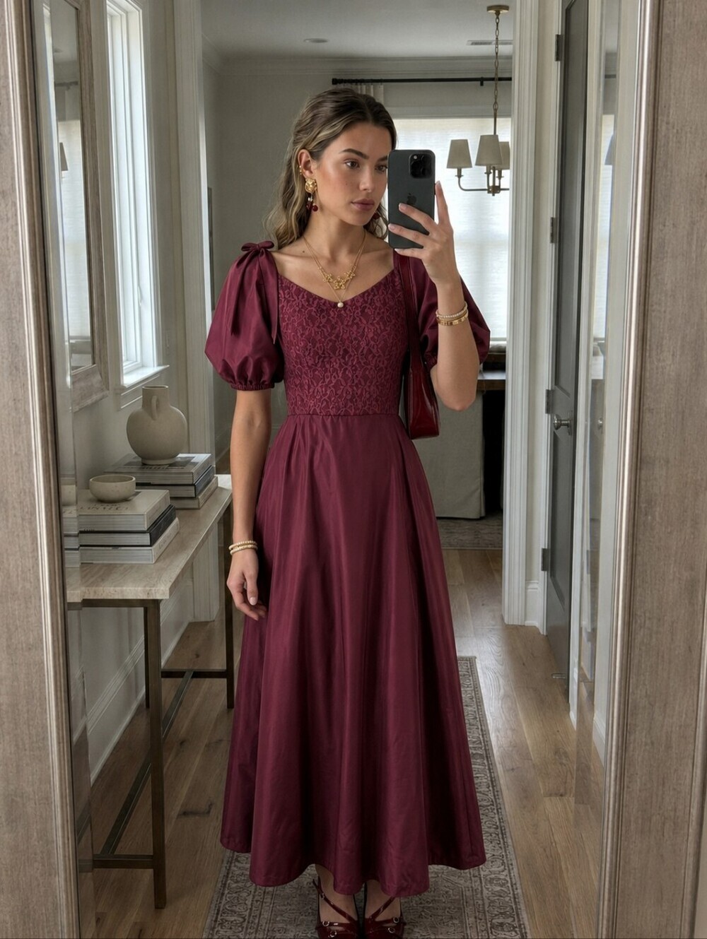 Vintage Handmade Burgundy Midi Prom Dress Puff Sleeves Size Medium (n)